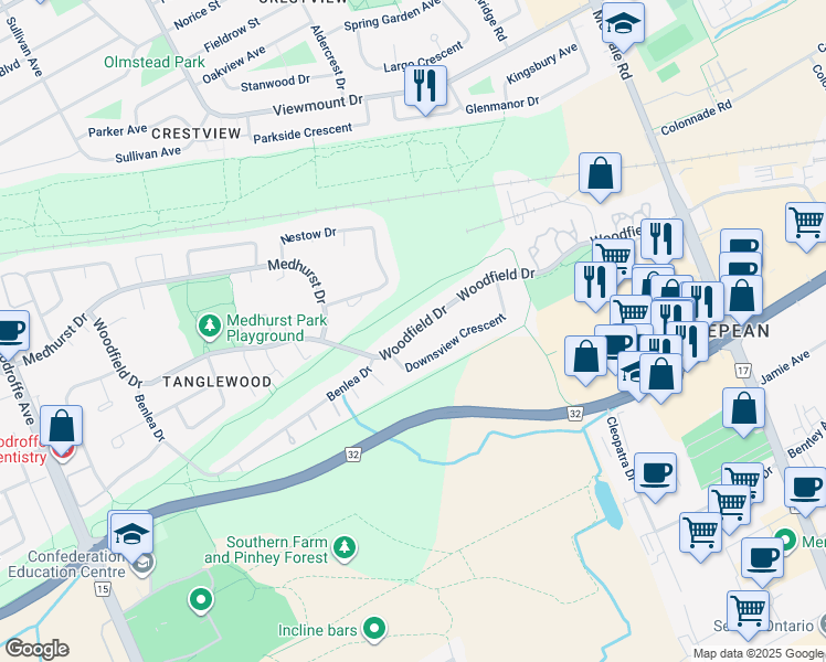 map of restaurants, bars, coffee shops, grocery stores, and more near Woodfield Drive in Ottawa