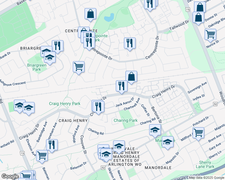 map of restaurants, bars, coffee shops, grocery stores, and more near 239 Craig Henry Drive in Ottawa
