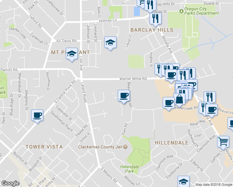 map of restaurants, bars, coffee shops, grocery stores, and more near 121 Library Court in Oregon City