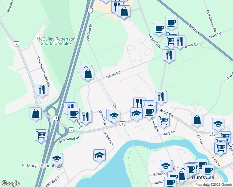 map of restaurants, bars, coffee shops, grocery stores, and more near 37 Silver Street in Huntsville
