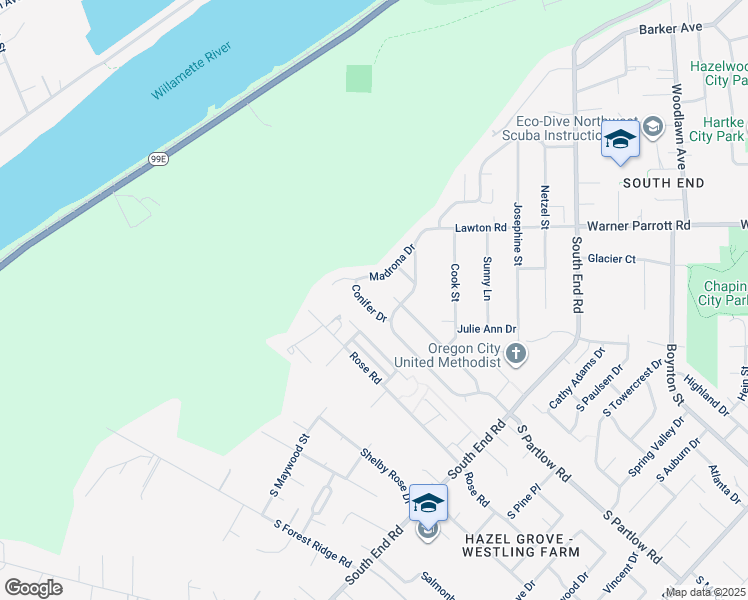 map of restaurants, bars, coffee shops, grocery stores, and more near 18754 Conifer Drive in Oregon City