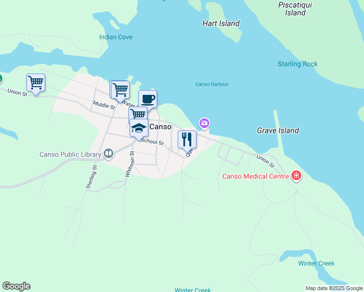map of restaurants, bars, coffee shops, grocery stores, and more near 7 Centennial Street in Canso