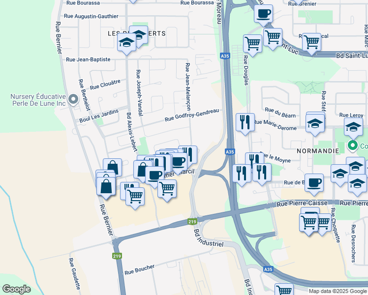 map of restaurants, bars, coffee shops, grocery stores, and more near 85 Rue Pierre-Nolin in Saint-Jean-sur-Richelieu