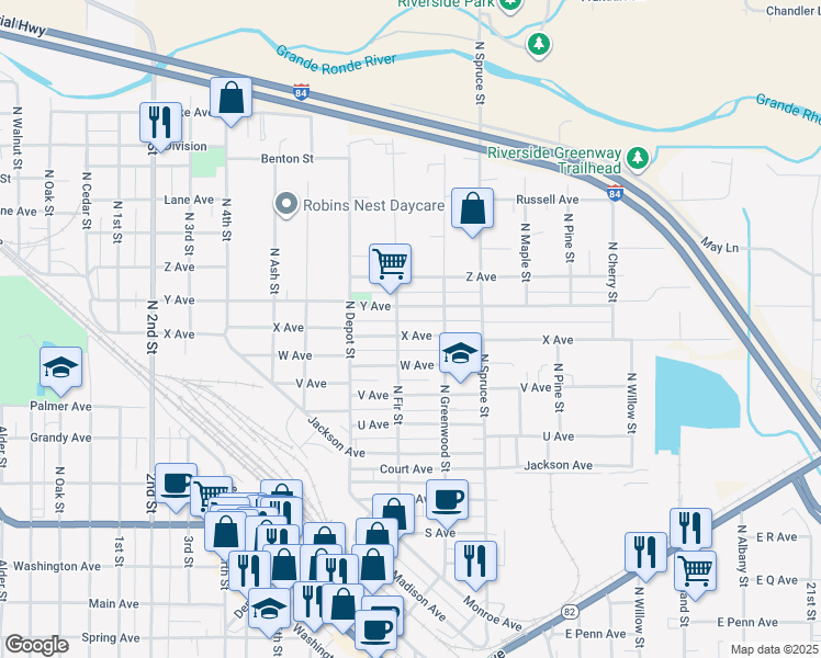 map of restaurants, bars, coffee shops, grocery stores, and more near 1411 W Avenue in La Grande