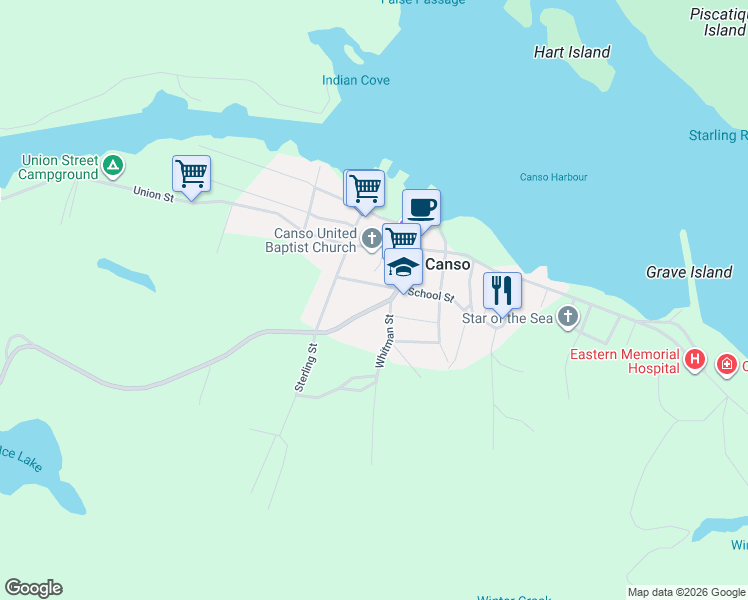 map of restaurants, bars, coffee shops, grocery stores, and more near 132 Main Street in Canso