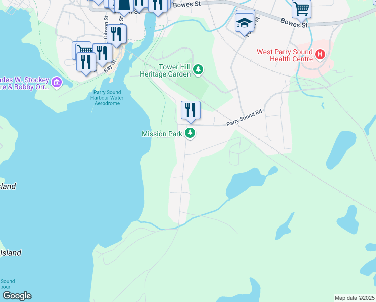 map of restaurants, bars, coffee shops, grocery stores, and more near 24 Emily Street in Parry Sound