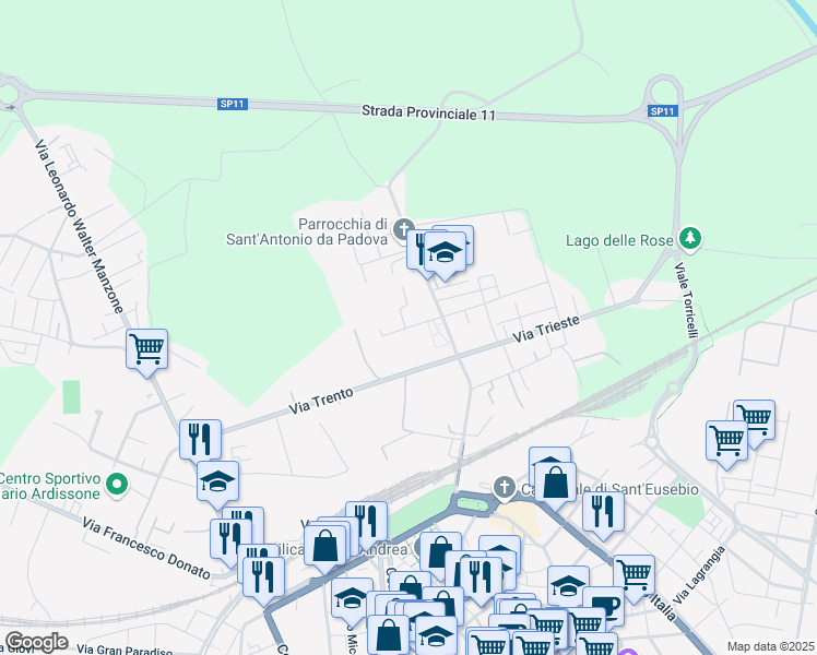 map of restaurants, bars, coffee shops, grocery stores, and more near 44A Via Trento in Vercelli