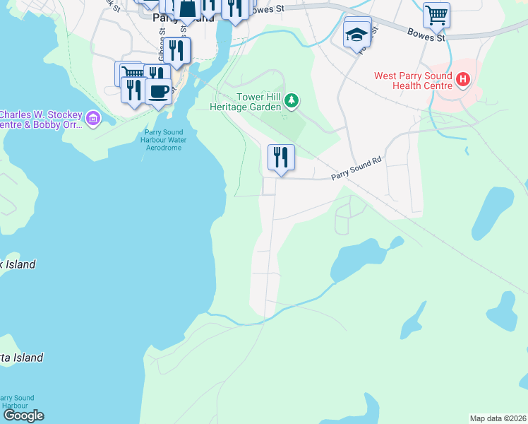 map of restaurants, bars, coffee shops, grocery stores, and more near 8 Champagne Street in Parry Sound