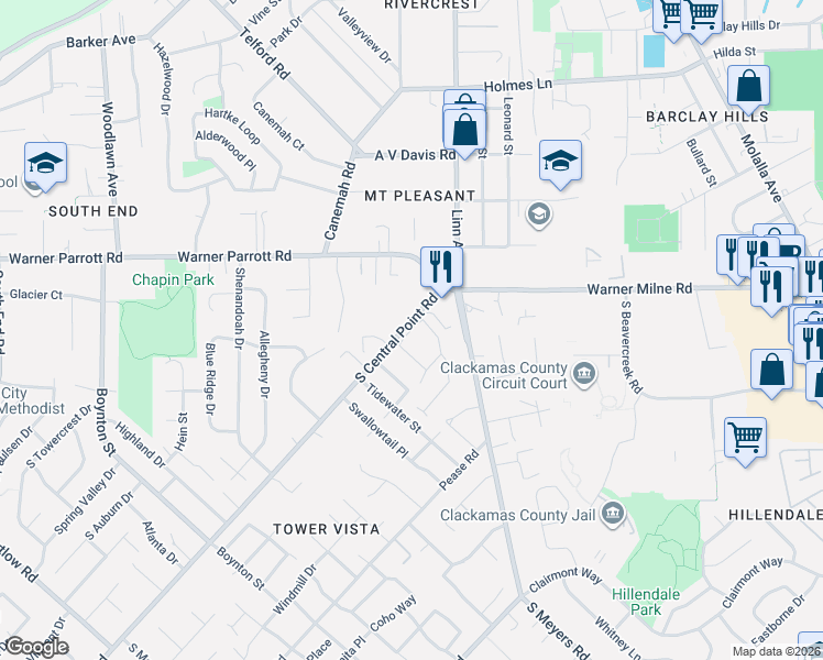 map of restaurants, bars, coffee shops, grocery stores, and more near 18780 South Central Point Road in Oregon City