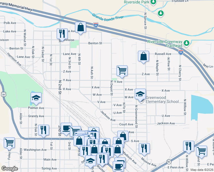 map of restaurants, bars, coffee shops, grocery stores, and more near 1217 Y Avenue in La Grande