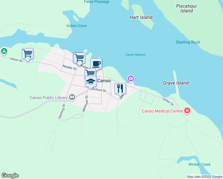 map of restaurants, bars, coffee shops, grocery stores, and more near 53 Carleton Terrace in Canso