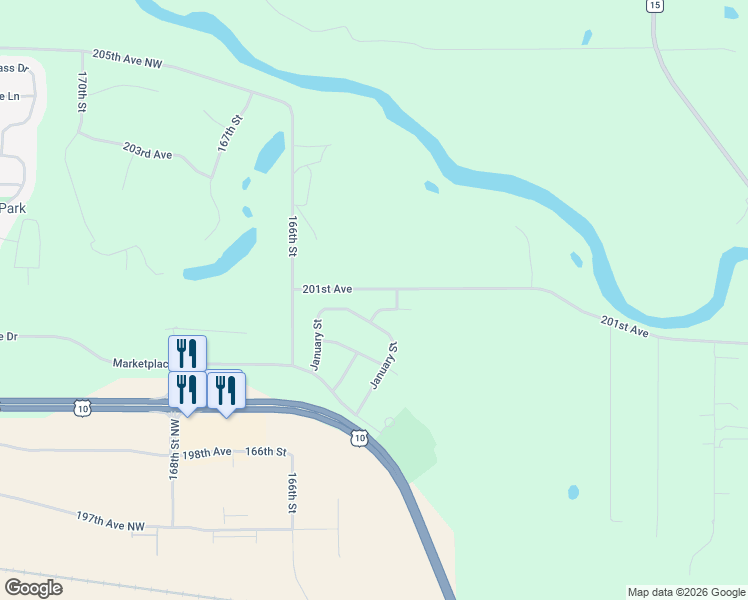 map of restaurants, bars, coffee shops, grocery stores, and more near 16484 201st Avenue Northwest in Big Lake