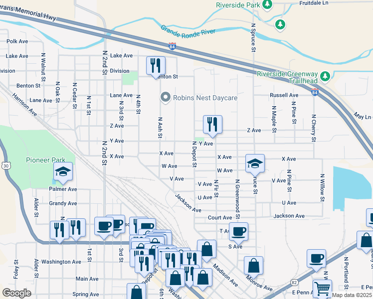 map of restaurants, bars, coffee shops, grocery stores, and more near 1217 Y Avenue in La Grande