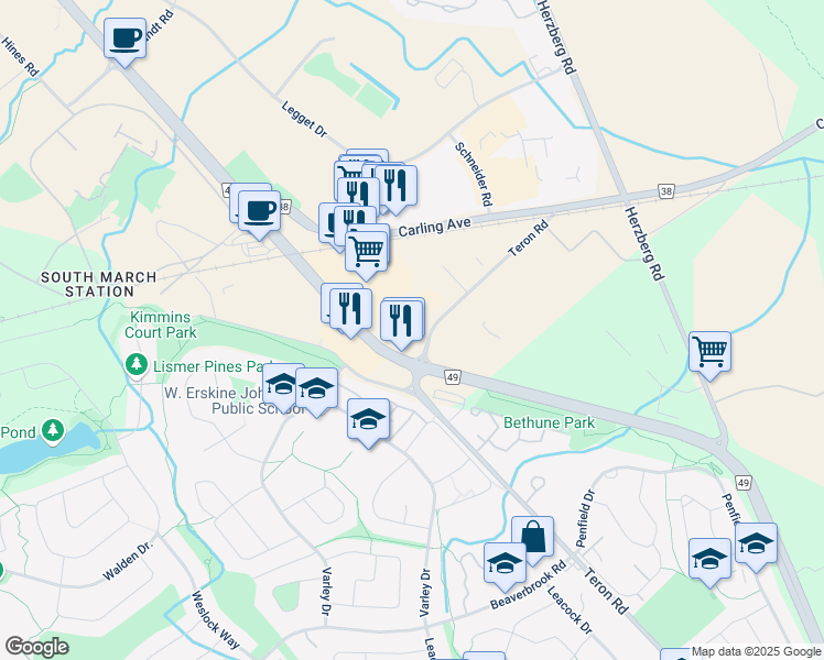 map of restaurants, bars, coffee shops, grocery stores, and more near 340 March Road in Ottawa