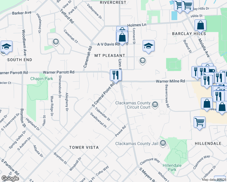 map of restaurants, bars, coffee shops, grocery stores, and more near in Oregon City