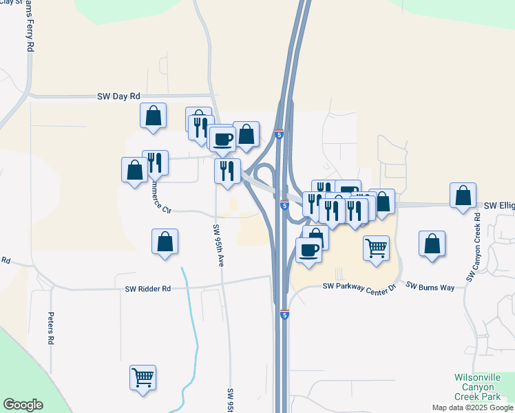 map of restaurants, bars, coffee shops, grocery stores, and more near SW Elligsen Rd in Wilsonville