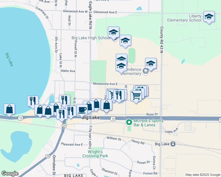 map of restaurants, bars, coffee shops, grocery stores, and more near 810 Martin Avenue in Big Lake