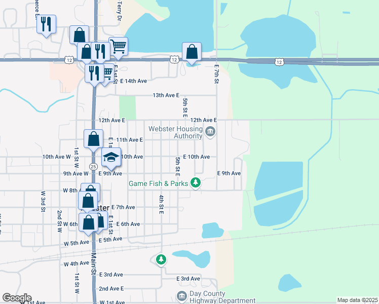 map of restaurants, bars, coffee shops, grocery stores, and more near 520 11th Avenue East in Webster