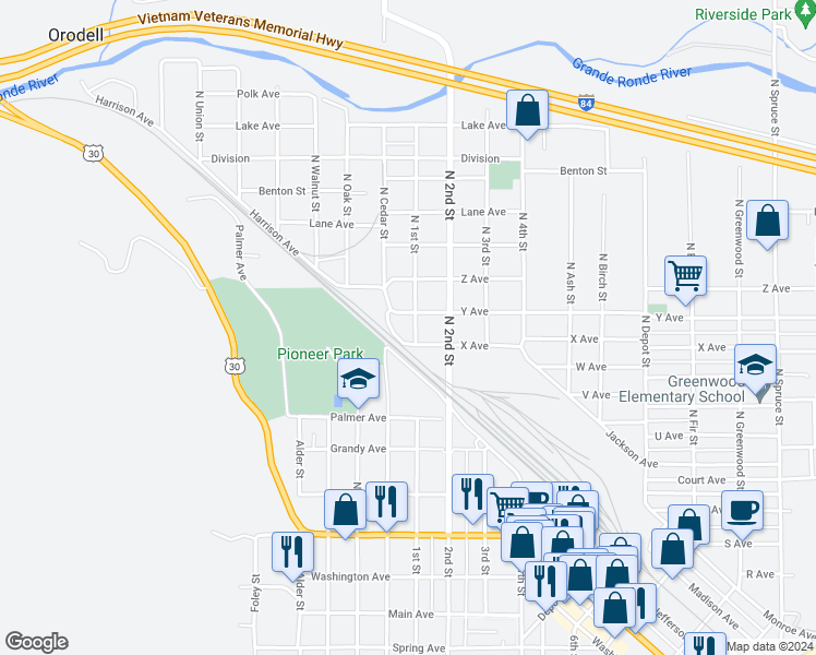 map of restaurants, bars, coffee shops, grocery stores, and more near 2506 North 1st Street in La Grande