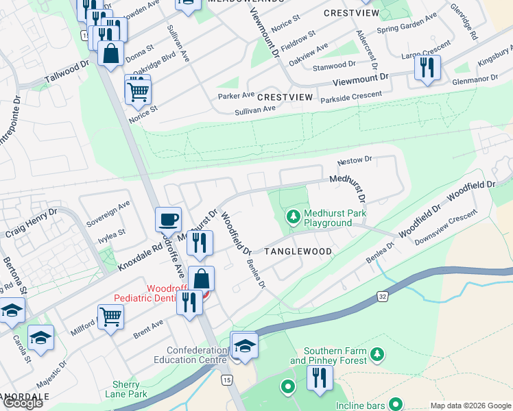 map of restaurants, bars, coffee shops, grocery stores, and more near 100 Medhurst Drive in Ottawa