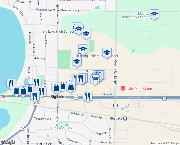 map of restaurants, bars, coffee shops, grocery stores, and more near 660 Minnesota Avenue in Big Lake