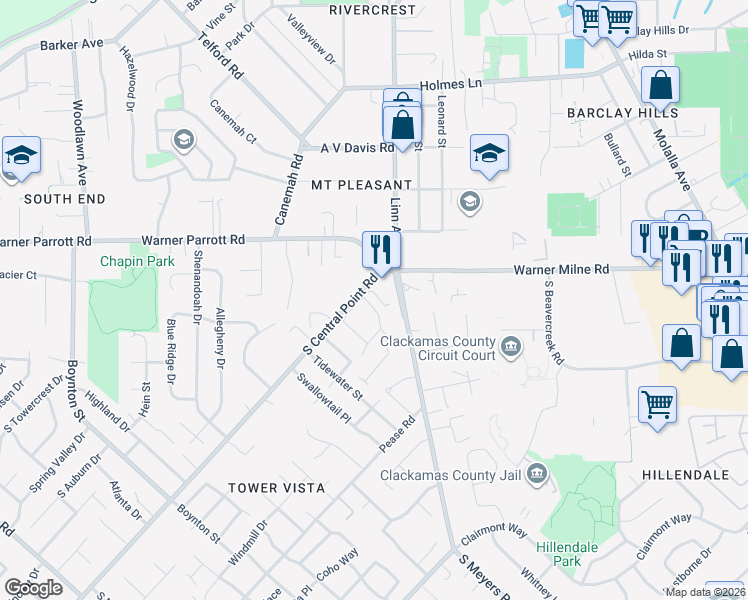 map of restaurants, bars, coffee shops, grocery stores, and more near in Oregon City