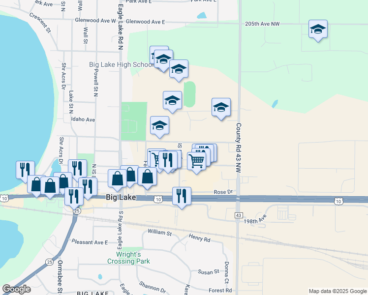 map of restaurants, bars, coffee shops, grocery stores, and more near 440 Phyllis Street in Big Lake
