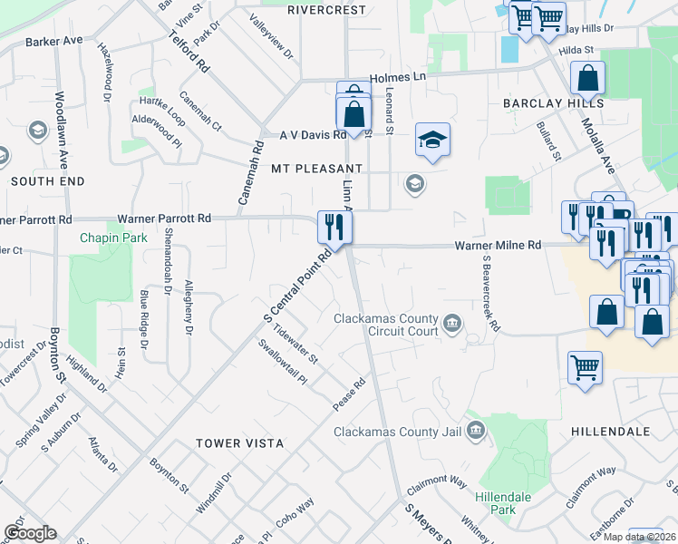map of restaurants, bars, coffee shops, grocery stores, and more near in Oregon City