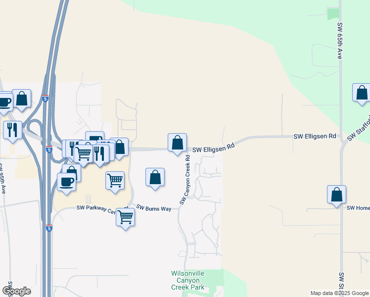 map of restaurants, bars, coffee shops, grocery stores, and more near Southwest Elligsen Road in Wilsonville
