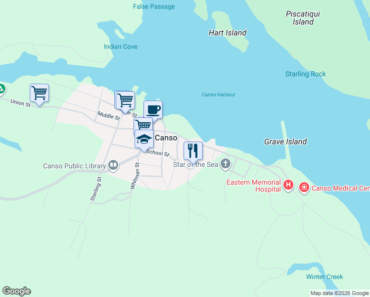 map of restaurants, bars, coffee shops, grocery stores, and more near 51 Centennial Street in Canso