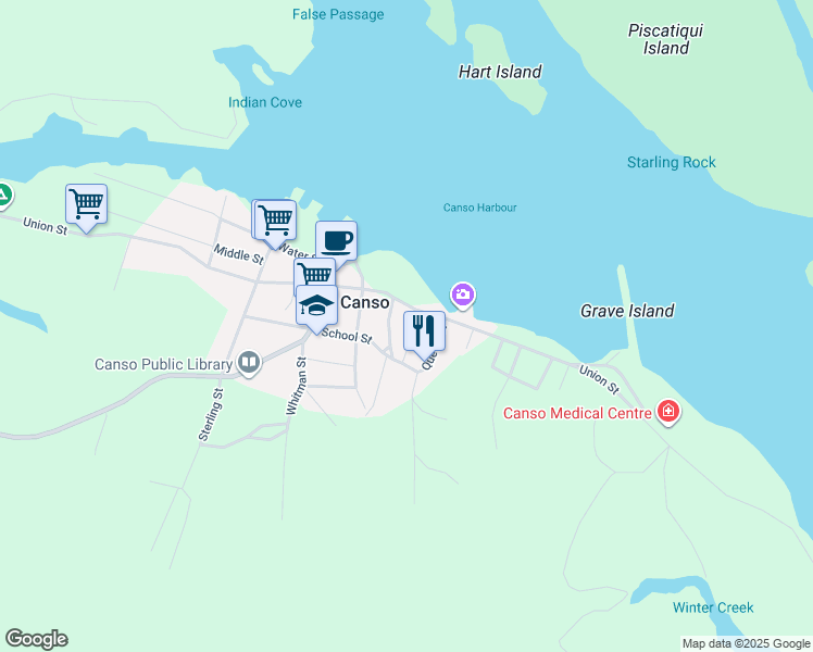 map of restaurants, bars, coffee shops, grocery stores, and more near 51 Centennial Street in Canso