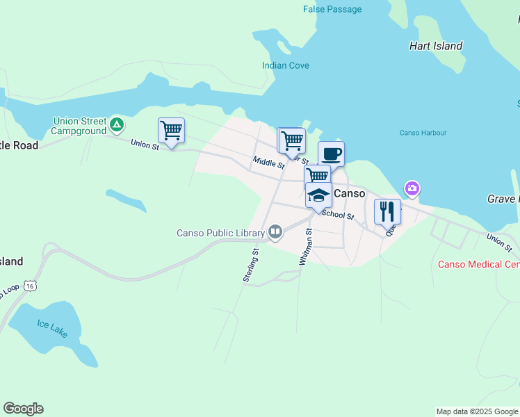 map of restaurants, bars, coffee shops, grocery stores, and more near Sterling Street in Canso