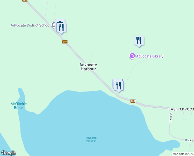 map of restaurants, bars, coffee shops, grocery stores, and more near 3656 Highway 209 in Advocate Harbour