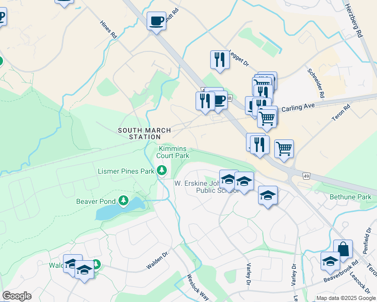 map of restaurants, bars, coffee shops, grocery stores, and more near 65 Steacie Drive in Ottawa