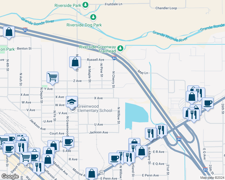 map of restaurants, bars, coffee shops, grocery stores, and more near 1812 Y Avenue in La Grande