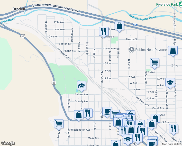 map of restaurants, bars, coffee shops, grocery stores, and more near 606 Y Avenue in La Grande