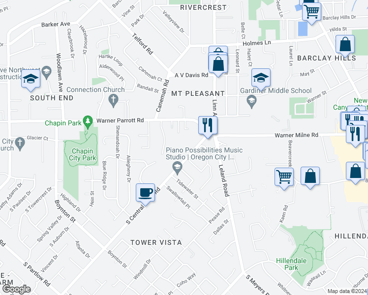 map of restaurants, bars, coffee shops, grocery stores, and more near 18707-15 South Central Point Road in Oregon City