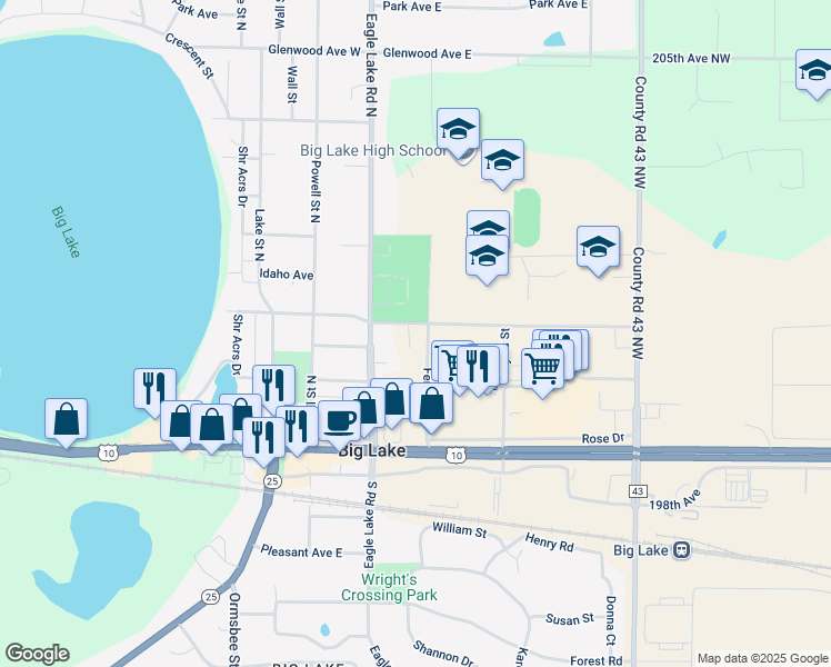 map of restaurants, bars, coffee shops, grocery stores, and more near 501 Minnesota Avenue East in Big Lake