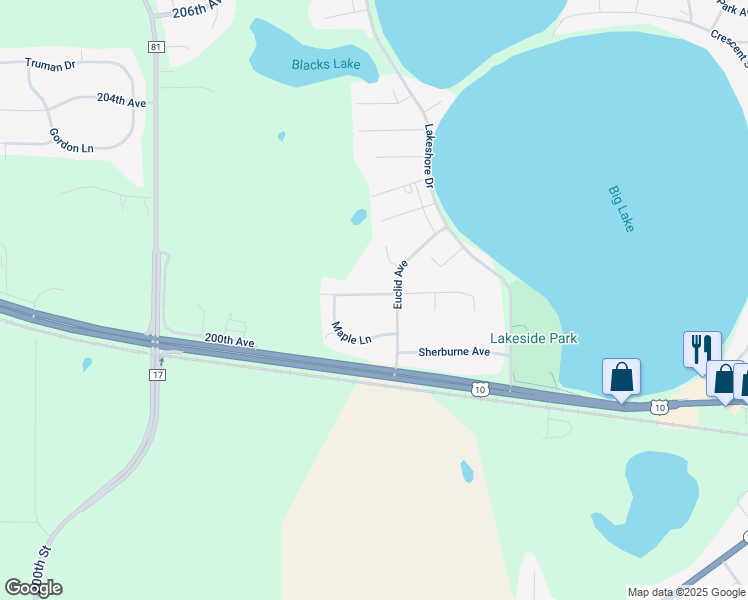 map of restaurants, bars, coffee shops, grocery stores, and more near 231 Leighton Drive in Big Lake