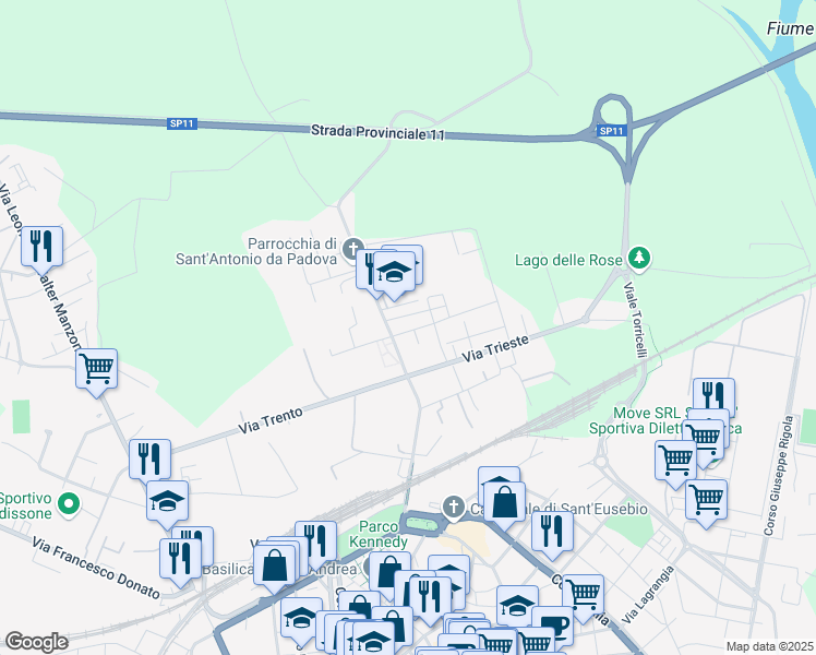 map of restaurants, bars, coffee shops, grocery stores, and more near 7 Via Arles in Vercelli