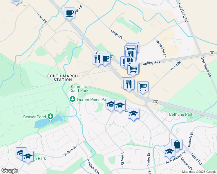 map of restaurants, bars, coffee shops, grocery stores, and more near 48 Steacie Drive in Ottawa