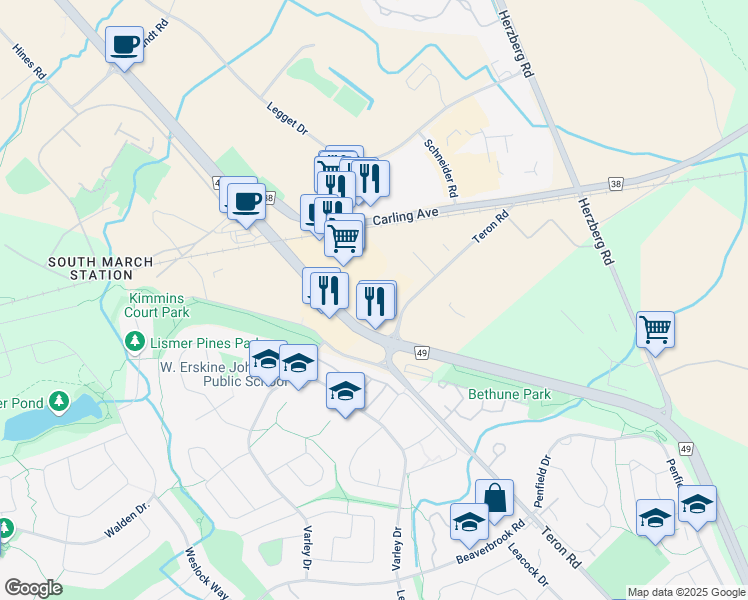 map of restaurants, bars, coffee shops, grocery stores, and more near 340 March Road in Ottawa