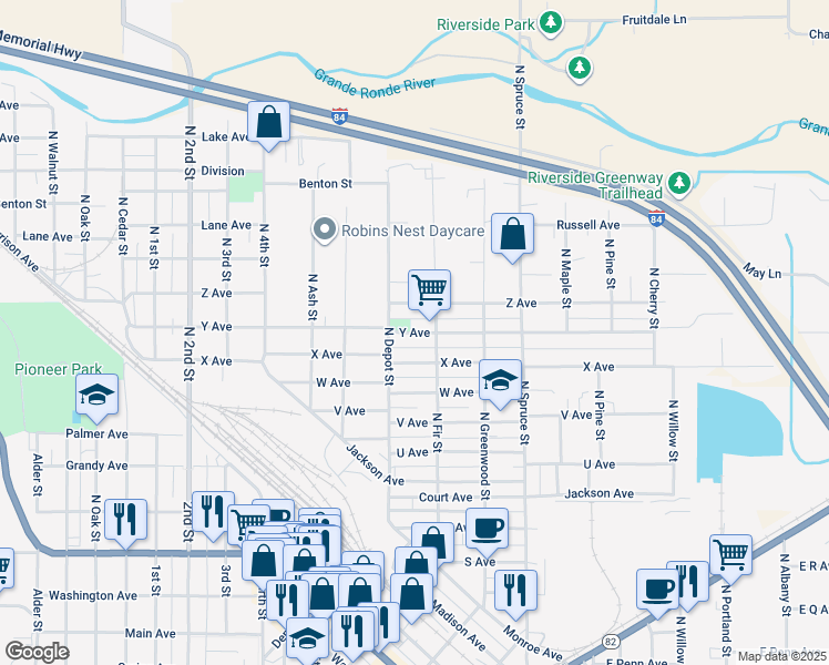 map of restaurants, bars, coffee shops, grocery stores, and more near 1315 Y Avenue in La Grande