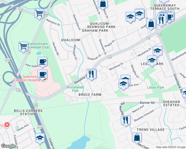 map of restaurants, bars, coffee shops, grocery stores, and more near 2940 Ottawa Regional Road 16 in Ottawa