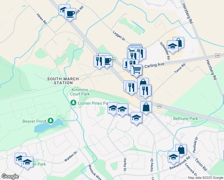 map of restaurants, bars, coffee shops, grocery stores, and more near 48 Steacie Drive in Ottawa
