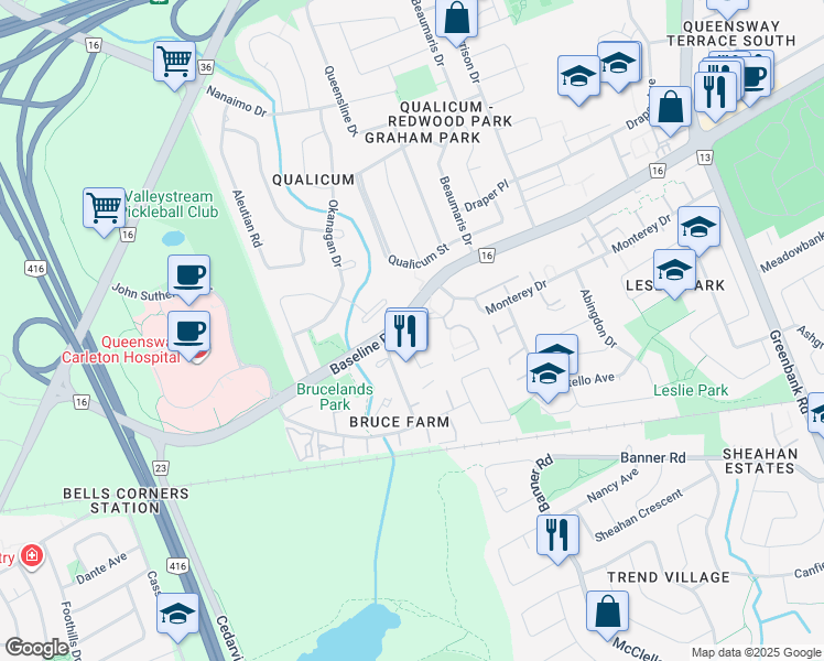 map of restaurants, bars, coffee shops, grocery stores, and more near 2940 Ottawa Regional Road 16 in Ottawa