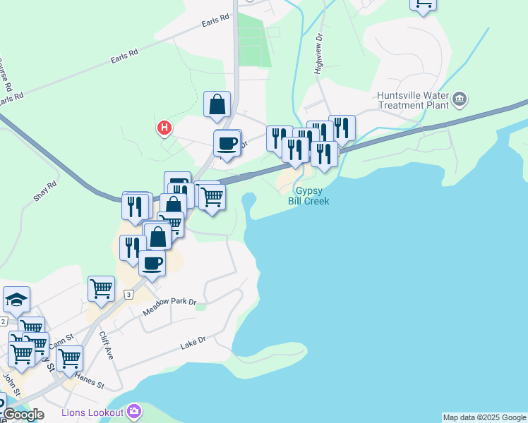 map of restaurants, bars, coffee shops, grocery stores, and more near 10 Coveside Drive in Huntsville