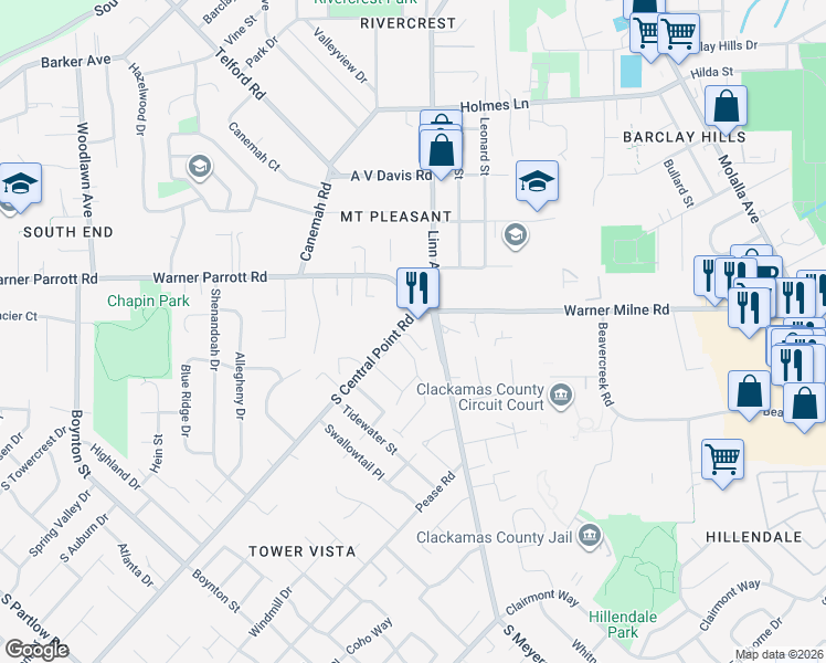 map of restaurants, bars, coffee shops, grocery stores, and more near in Oregon City