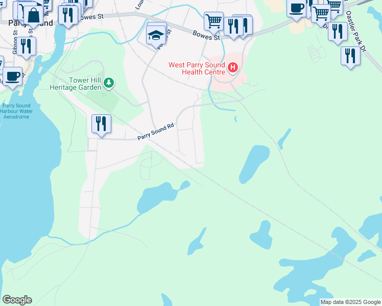 map of restaurants, bars, coffee shops, grocery stores, and more near 21 Railway Avenue in Parry Sound
