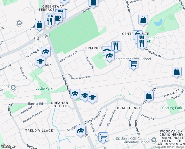 map of restaurants, bars, coffee shops, grocery stores, and more near 51 Ashgrove Crescent in Ottawa